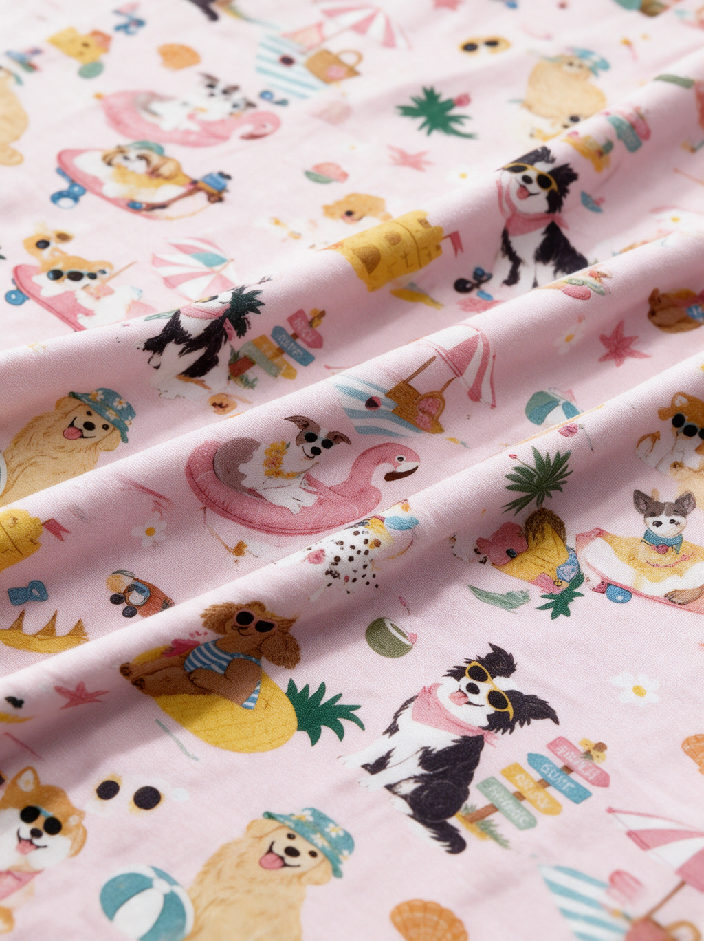 Beach Pups bamboo fabric print close-up