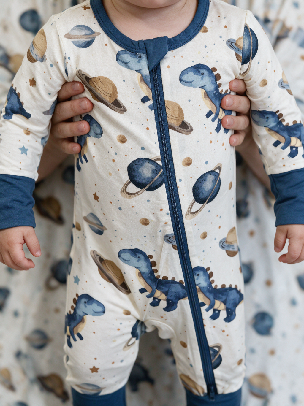 Dino Orbit Convertible Romper zipper and cuff detail